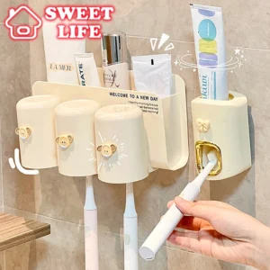 Giá treo bàn chải đánh răng và cốc súc miệng dán tường đa năng - Bộ nhả kem đánh răng tự động