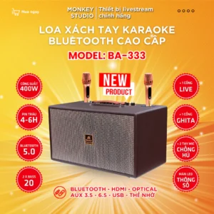 Loa Xách Tay Bluetooth Hát Karaoke MONKEY BA-333, 400W, 2 Bass 20 Âm Thanh Cực Căng, Phát Livestream
