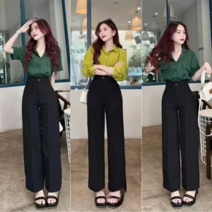 Quần ống rộng nữ cạp cao đi học làm chơi du lịch biển dáng dài quần tây ống rộng nữ lưng cao 1 khuy vải đen dày đáy ca
