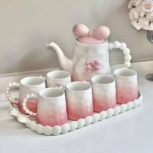 Bộ ấm chén gốm sứ Nắp nơ kèm khay phong cách vintage dễ thương