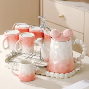 Bình trà gốm sứ hồng nắp nơ bộ cốc nước có quai, khay để cốc gốm decor nhà cửa trang trí