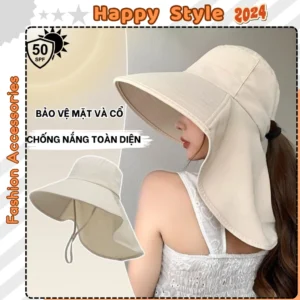 Nón Chống Nắng Mũ Vành Rộng Nữ Thời Trang Mùa Hè Che Cổ Kèm Dây Rút Tiện Lợi