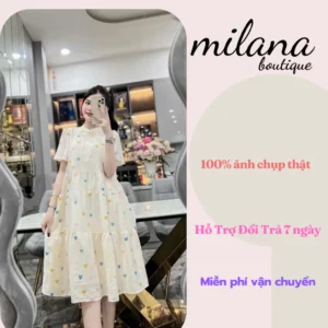 Váy Bầu Nền kem họa tiết Tim nhiều màu xinh xắn,váy xòe tầng dáng babydoll 2 lớp dày dặn thoáng mát