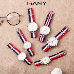Đồng Hồ Cặp Nam Nữ Dây Dù Sọc Màu - Đồng Hồ Đôi Đeo Tay Mặt Kính Tròn MANY