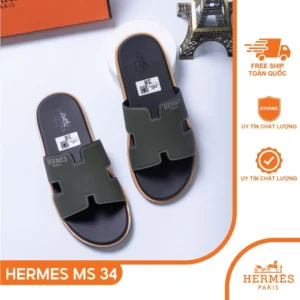 Dép Nam HM Cao Cấp MS34 Full Box, Quai Da MicroFiber Xanh Rêu Cá Tính, Đế Cao Su Non